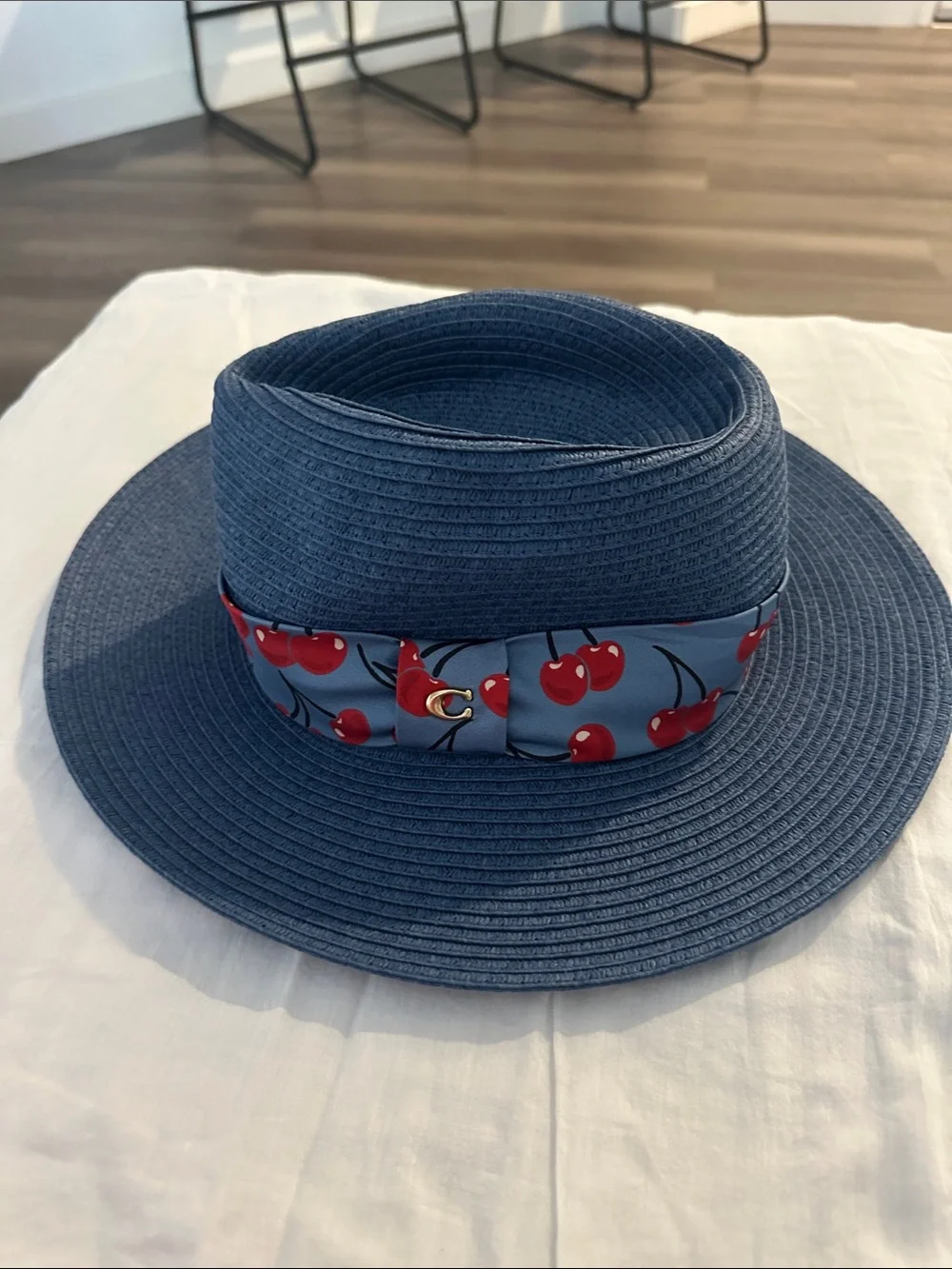 Coach Blue Straw Wide-Brim Hat with Cherry Band